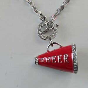 Vintage-Inspired Red Enamel “CHEER” Megaphone Charm Necklace